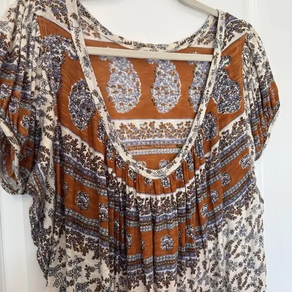 Free People High-Low Scoop Back Paisley-Print Top Boho Puff Sleeve Peasant XS - Picture 8 of 13